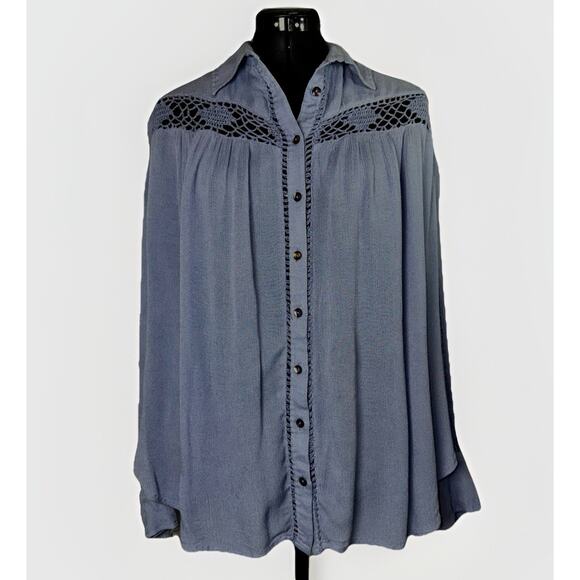 Free People Purple Tunic Blouse XS Long Sleeve Button Down Casual Office Crochet - Picture 1 of 7